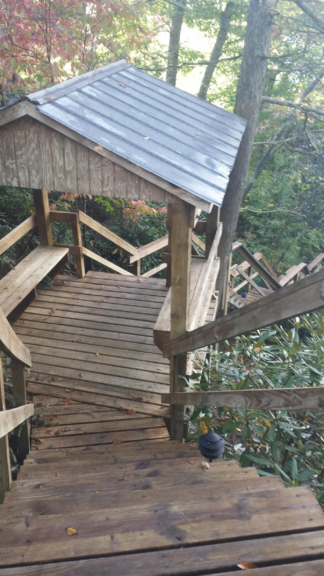 Metal roofed shelter over wooden steps on a wooded walkway — Skylight Repair & Installation work by our crew in Beach Lake